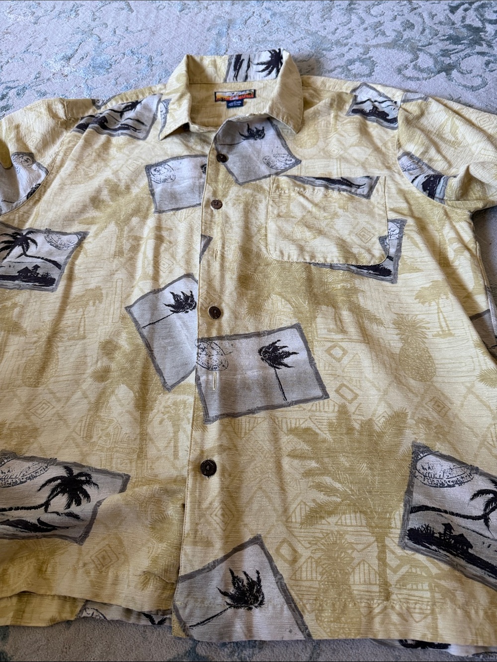 Short-Sleeve Yellow Palm Postcard Print Button-Down Shirt silk